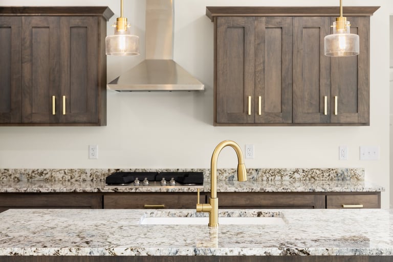 Kitchen detail with gold faucet and dark wood cabinets